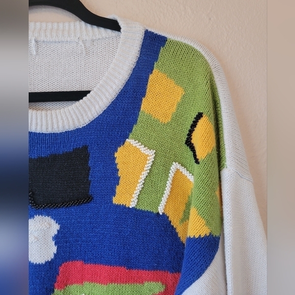 Vintage 90s Geometric Abstract Bright Bold Beaded Oversized Crew Neck Sweater - Picture 2 of 5
